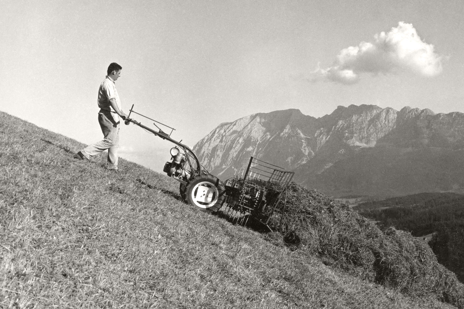 Specialista su pendii scoscesi: il ranghinatore a nastro di PÖTTINGER in un sito lavorativo impegnativo, ma bello, nelle Alpi.